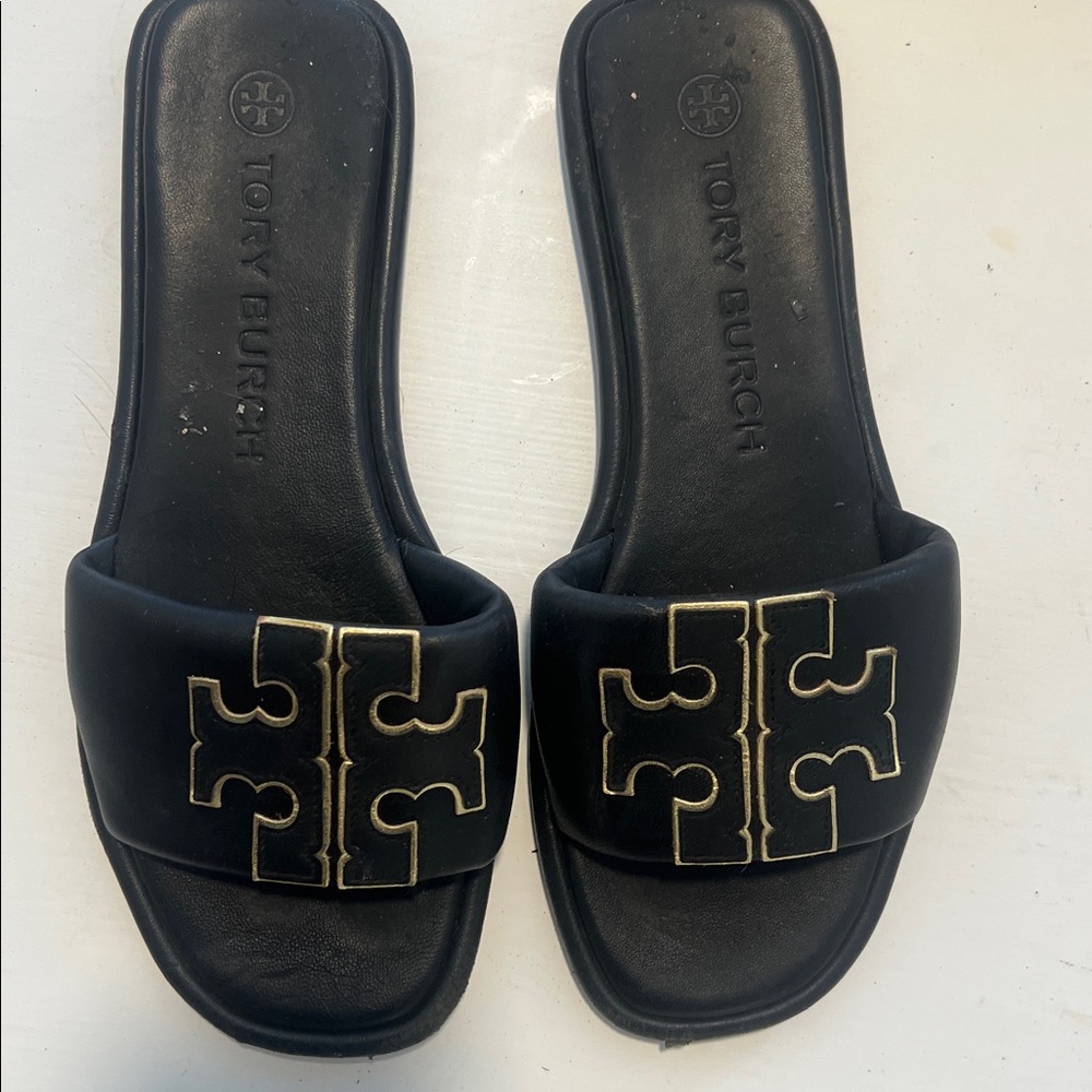 Tory Burch Women's Black Slide Sandals with Gold Logo
